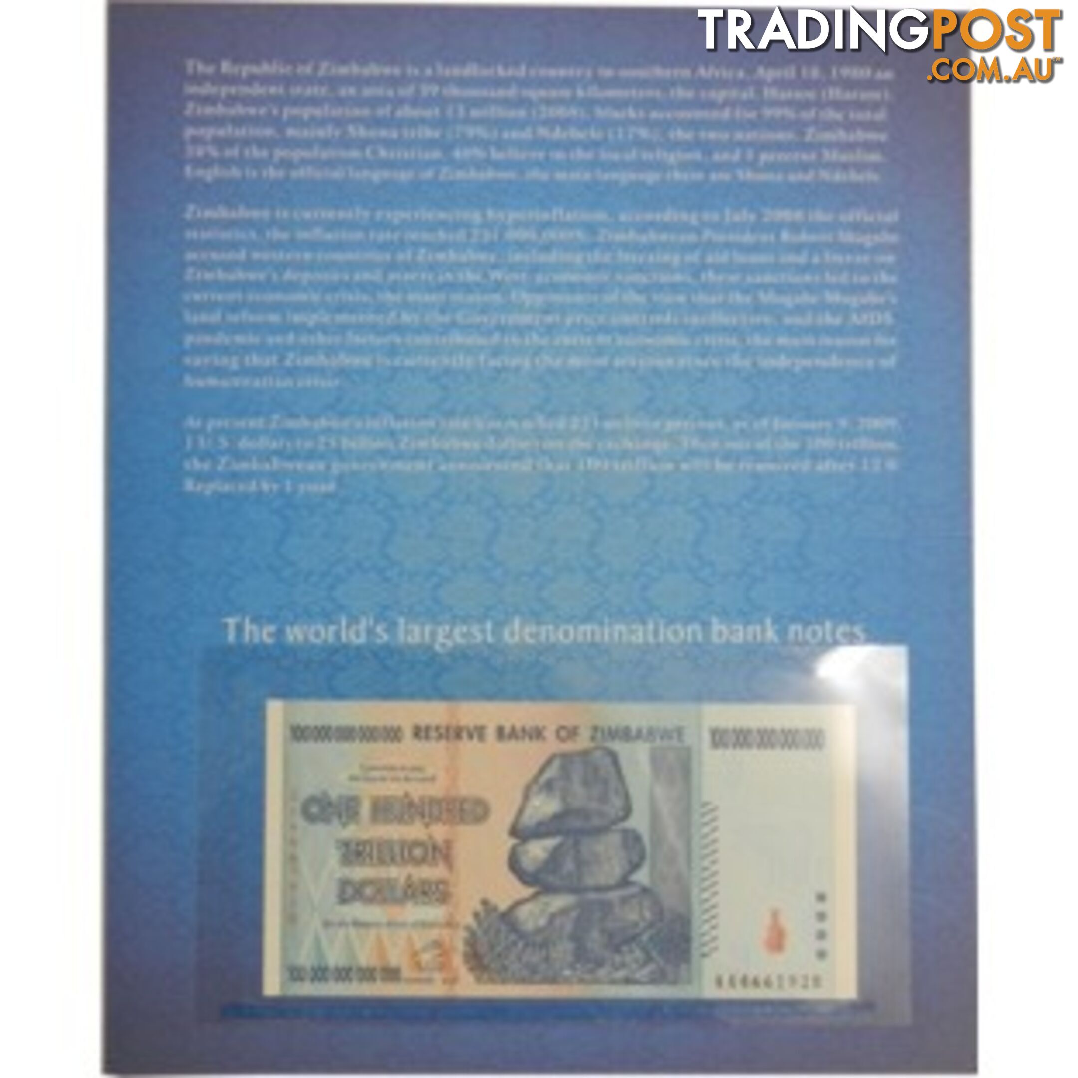 Zimbabwe 100 Trillion Banknote 2008 UNC with History Cover