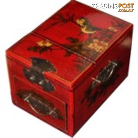 Red Jewellery Box with Stand-Up Mirror - Bird and Flower