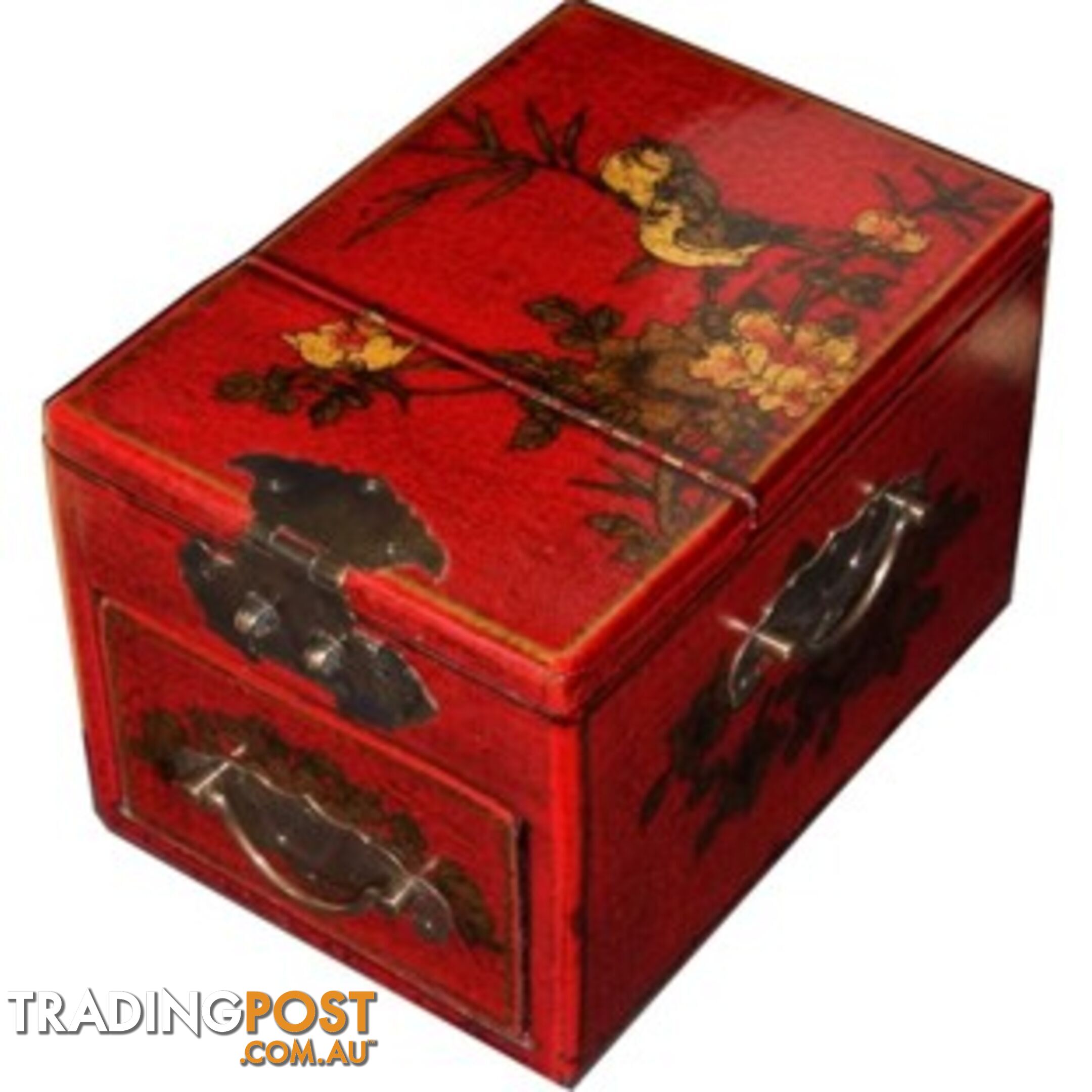 Red Jewellery Box with Stand-Up Mirror - Bird and Flower