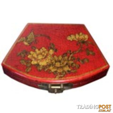 Red Flora Hand Painted Fan Shape Asian Box