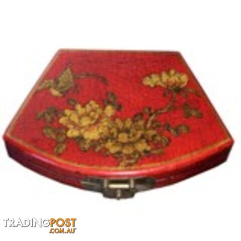 Red Flora Hand Painted Fan Shape Asian Box