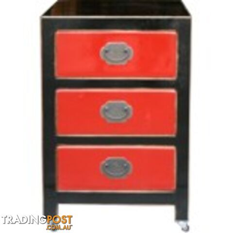 Black Lacquered Chinese Bedside Table w/Three Red Drawers