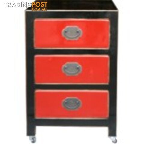 Black Lacquered Chinese Bedside Table w/Three Red Drawers