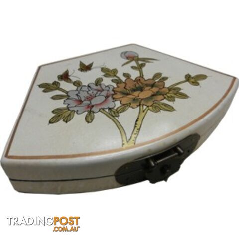 White Flora Hand Painted Fan Shape Asian Box