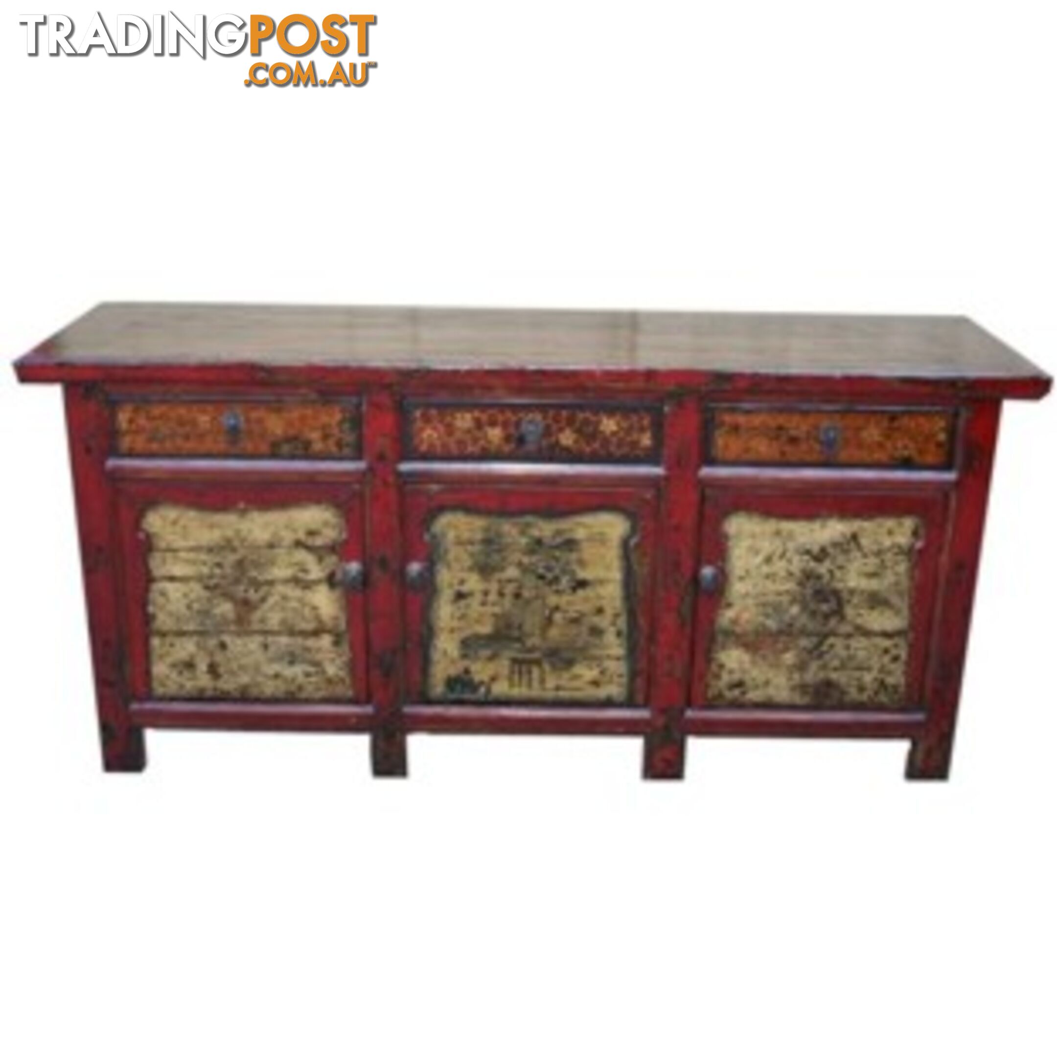 Large Antique Mongolian Style Painted Sideboard