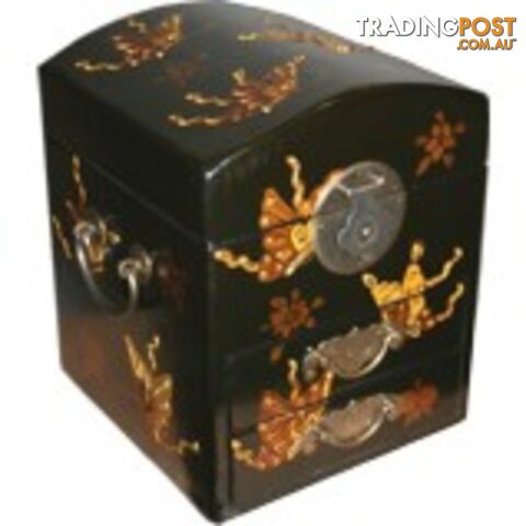 Dome Top Black Two Drawers Mirror Box - Embossed Butterflies