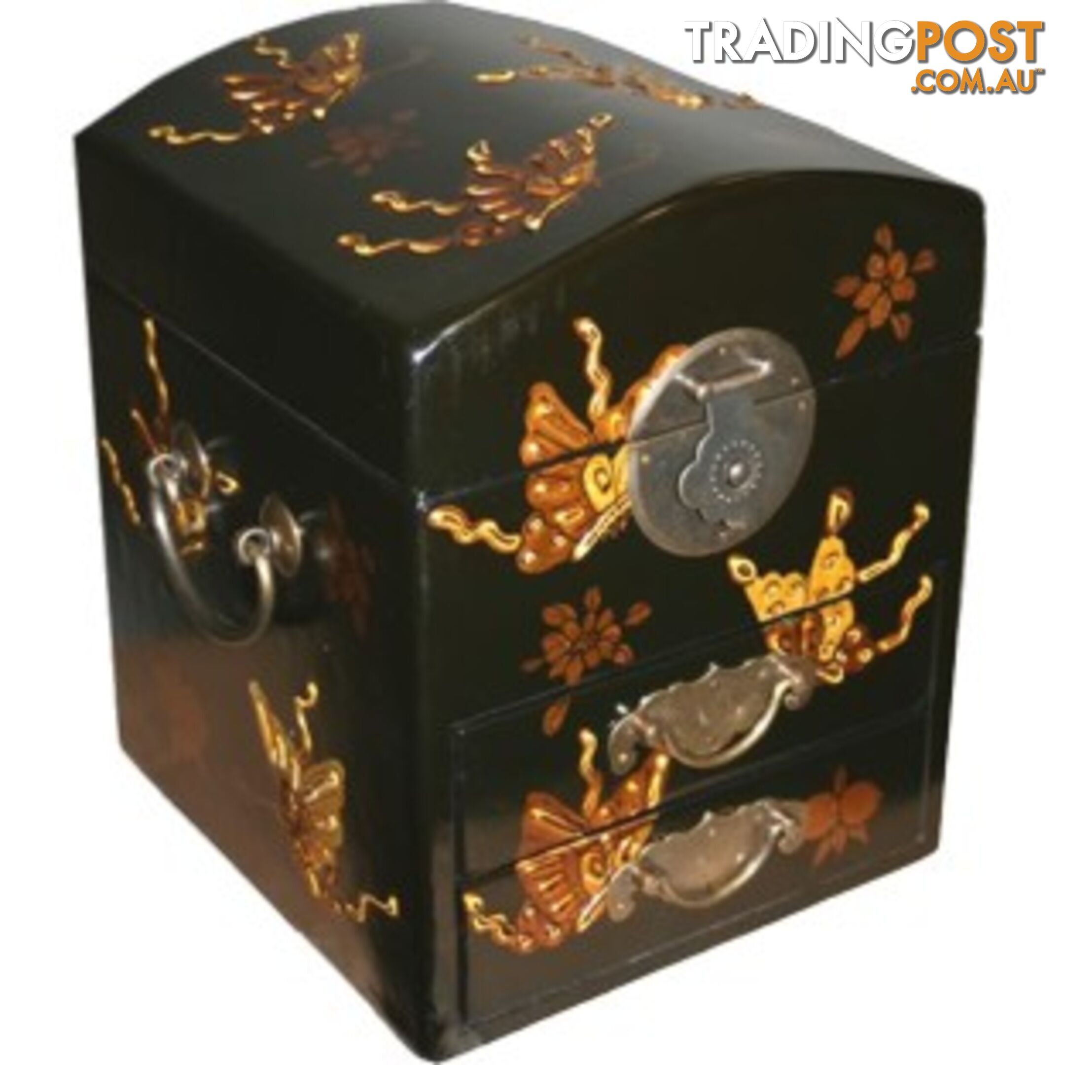 Dome Top Black Two Drawers Mirror Box - Embossed Butterflies