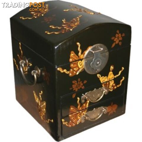 Dome Top Black Two Drawers Mirror Box - Embossed Butterflies