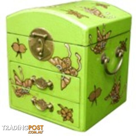 Curve Top Green Two Drawers Mirror Box - Embossed Butterflies