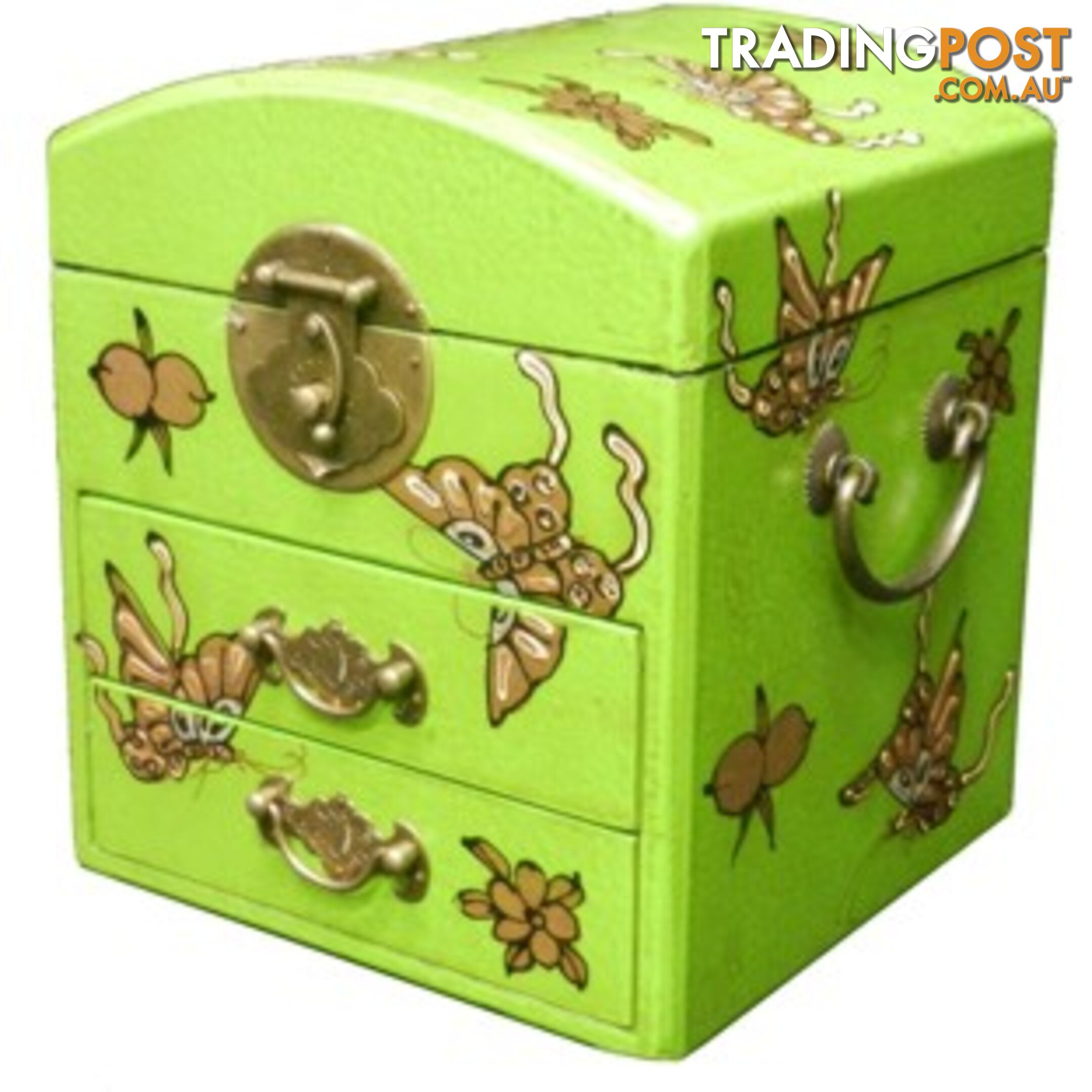 Curve Top Green Two Drawers Mirror Box - Embossed Butterflies