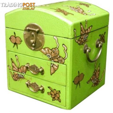 Curve Top Green Two Drawers Mirror Box - Embossed Butterflies