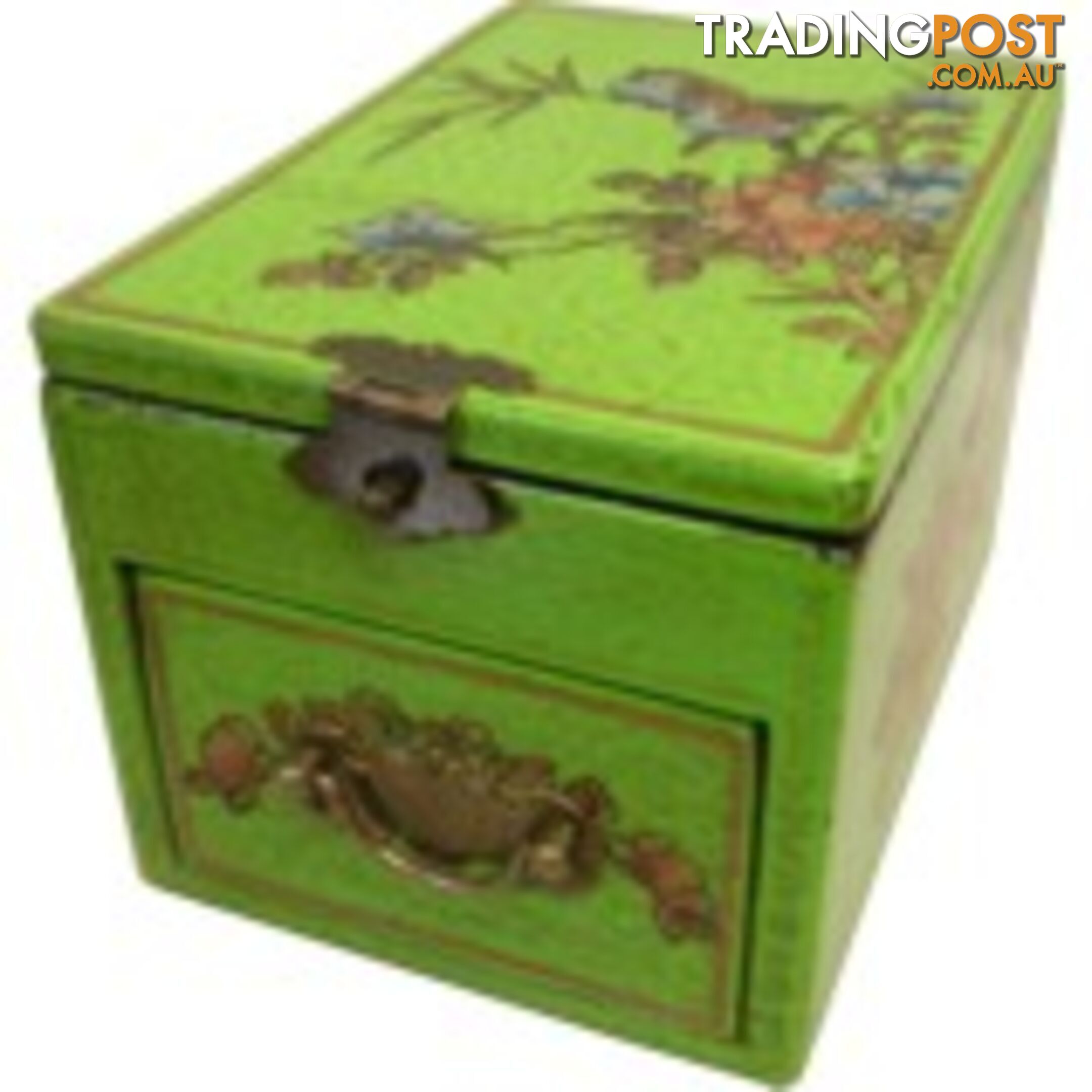 Green Chinese Jewellery Box with Stand-Up Mirror - Bird and Flower