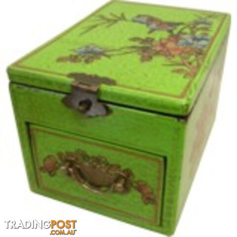 Green Chinese Jewellery Box with Stand-Up Mirror - Bird and Flower