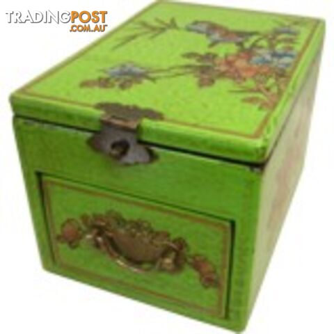 Green Chinese Jewellery Box with Stand-Up Mirror - Bird and Flower