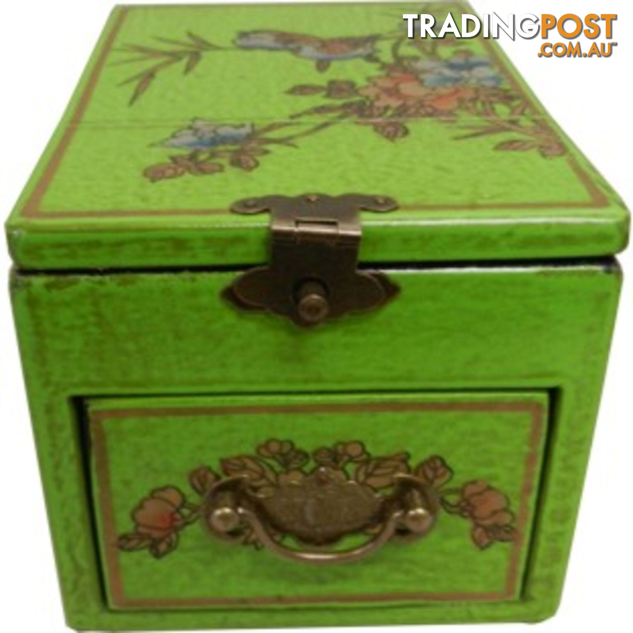 Green Chinese Jewellery Box with Stand-Up Mirror - Bird and Flower