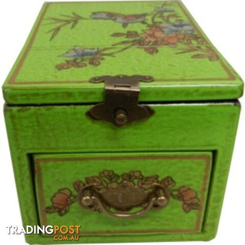 Green Chinese Jewellery Box with Stand-Up Mirror - Bird and Flower