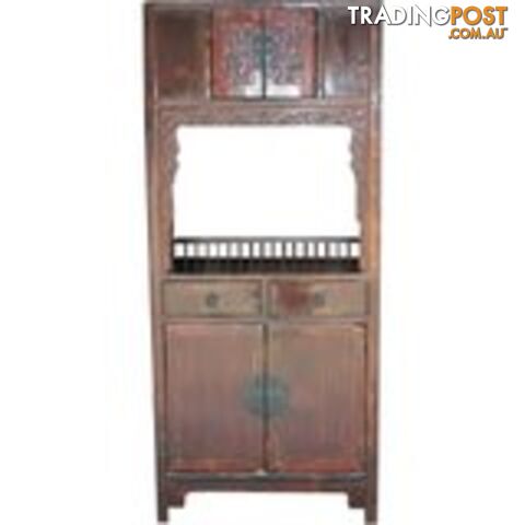 Red Chinese Antique Altar Cabinet with Carvings