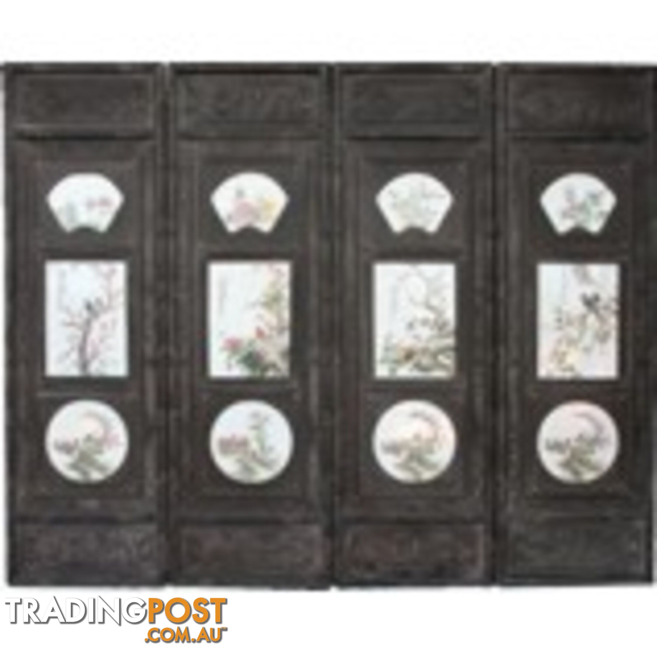 Chinese Wall Hanging Decoration-Carved Wood Panel w/Four Season Flower and Bird Porcelain Insert