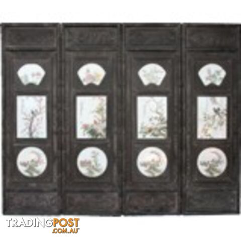 Chinese Wall Hanging Decoration-Carved Wood Panel w/Four Season Flower and Bird Porcelain Insert