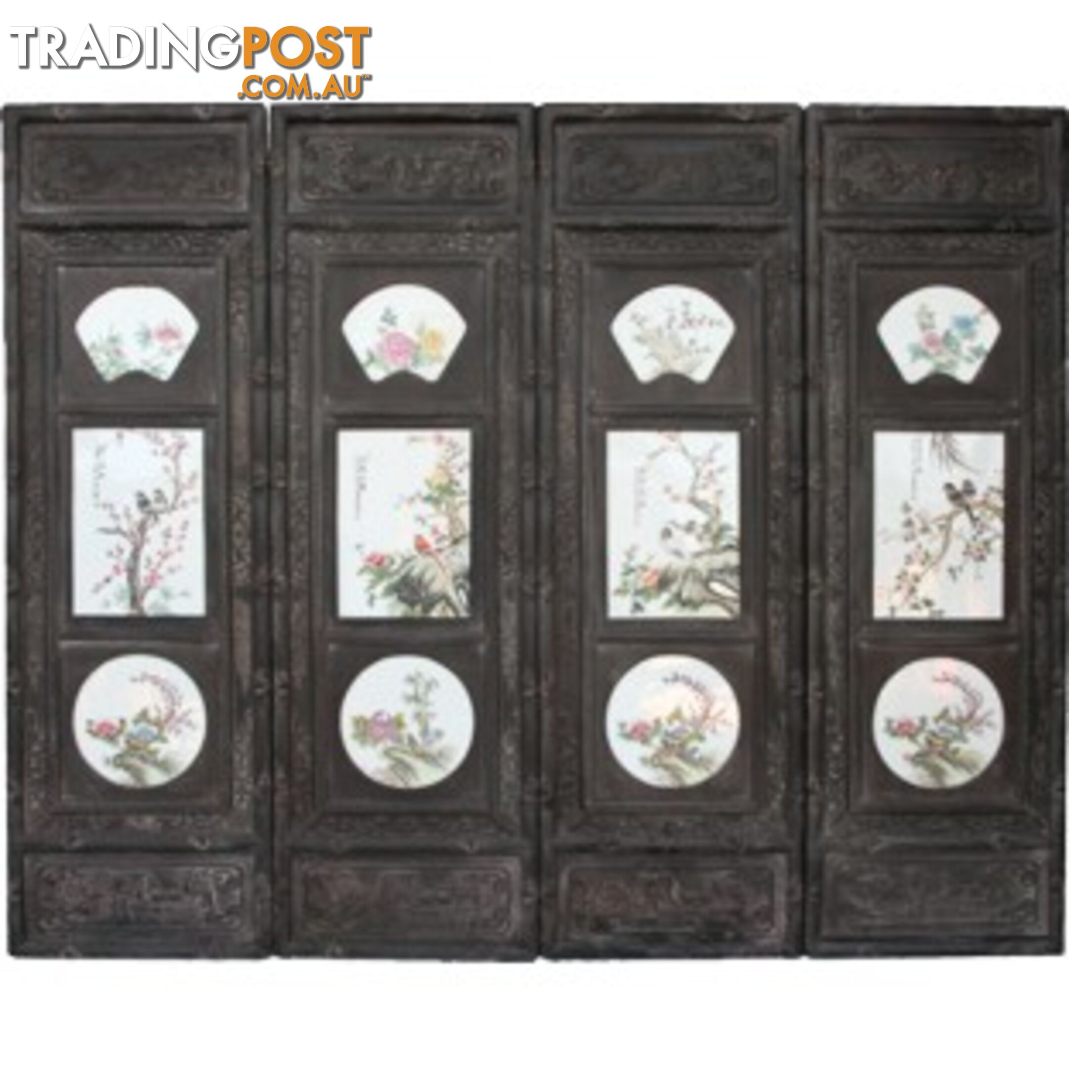 Chinese Wall Hanging Decoration-Carved Wood Panel w/Four Season Flower and Bird Porcelain Insert