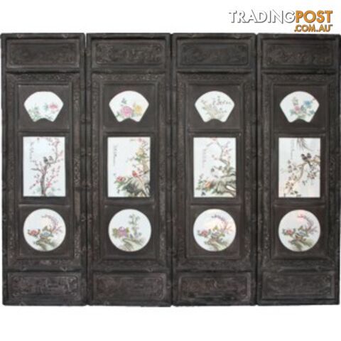 Chinese Wall Hanging Decoration-Carved Wood Panel w/Four Season Flower and Bird Porcelain Insert