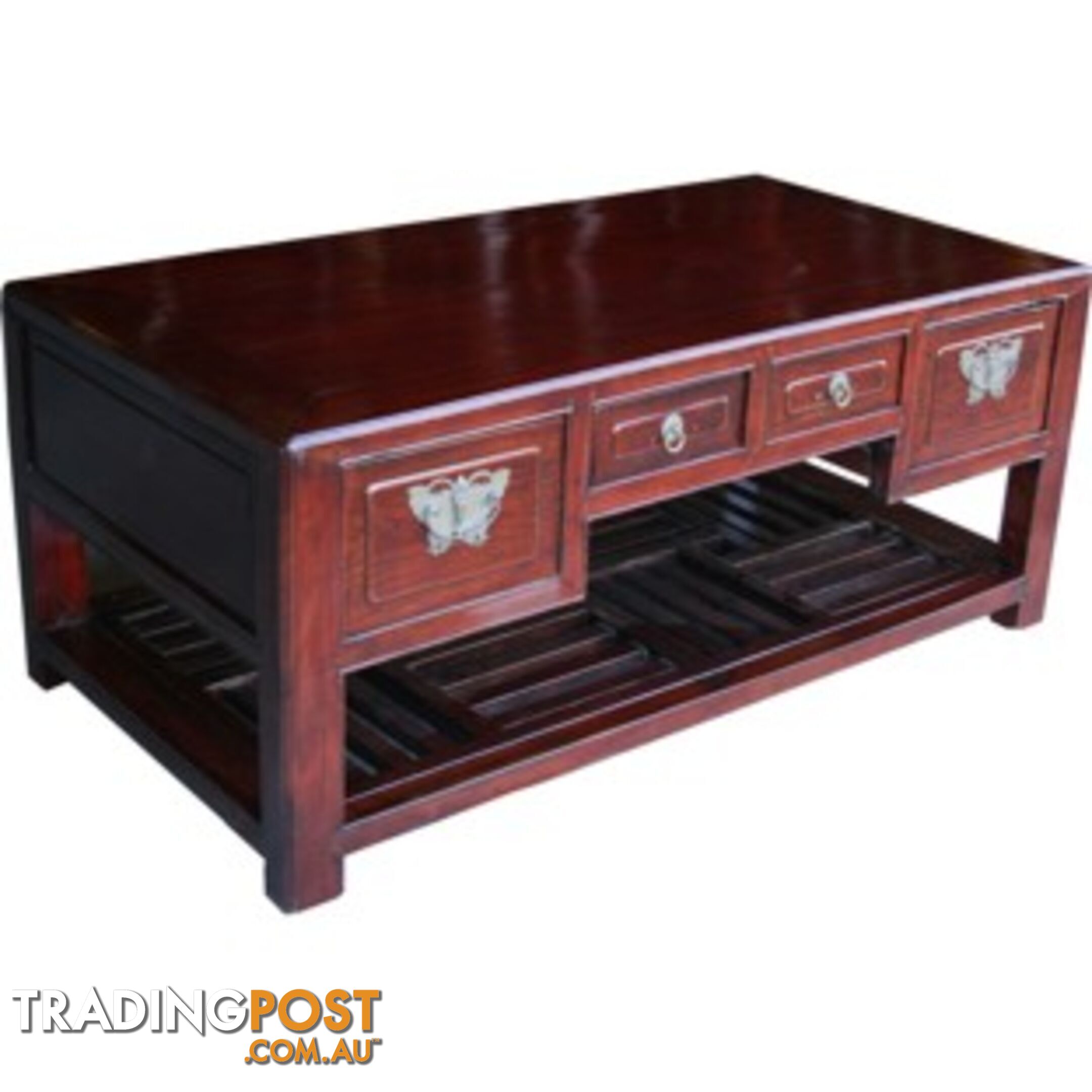 Chinese Antique Brown Coffee Table with Shelf and Drawers