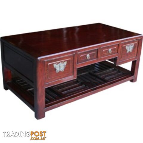 Chinese Antique Brown Coffee Table with Shelf and Drawers