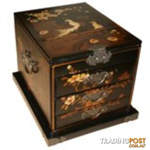 Black Chinese Jewellery Box with Stand-Up Mirror - Flower