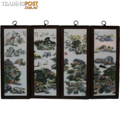 Chinese Wall Hanging Decoration-Wood Panel w/Mountain Scene Porcelain Insert