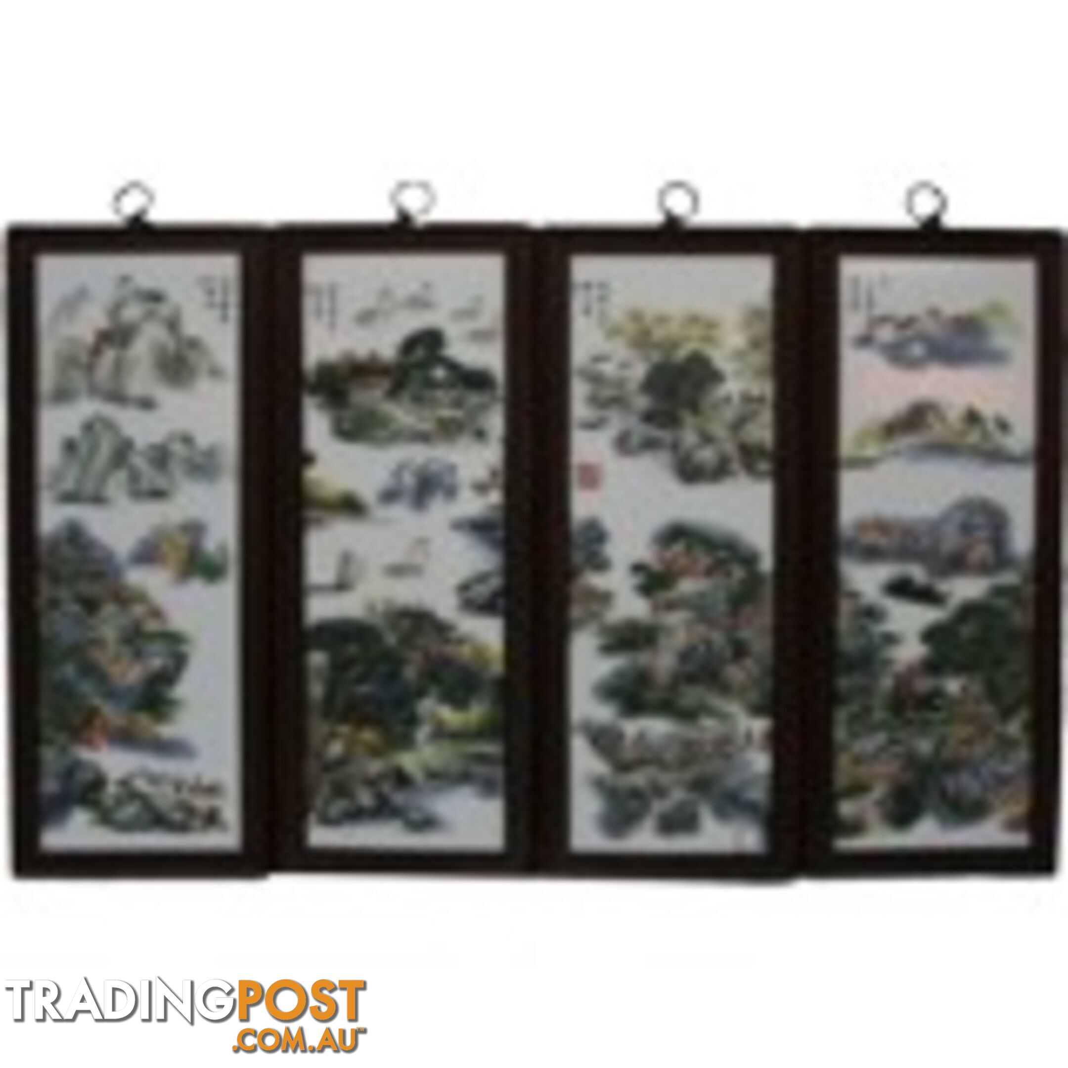 Chinese Wall Hanging Decoration-Wood Panel w/Mountain Scene Porcelain Insert