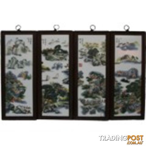 Chinese Wall Hanging Decoration-Wood Panel w/Mountain Scene Porcelain Insert