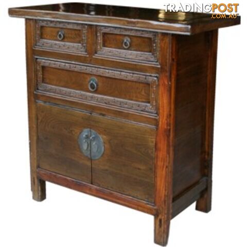 Antique Chinese Elm Cabinet w/Carved Drawers