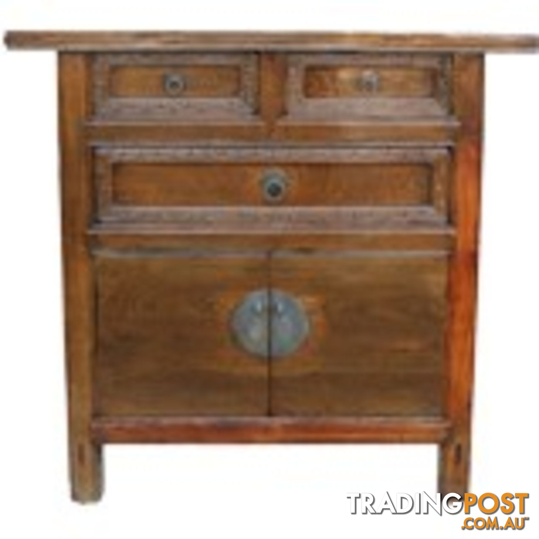 Antique Chinese Elm Cabinet w/Carved Drawers