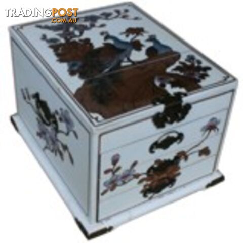 Large White Chinese Peacock Painted Mirror Jewellery Box