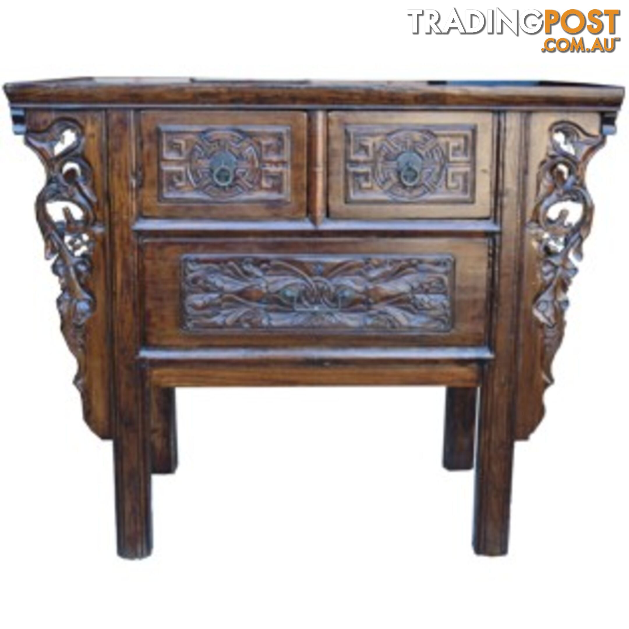 Natural Elm Carved Three-Drawer Chinese Altar Table