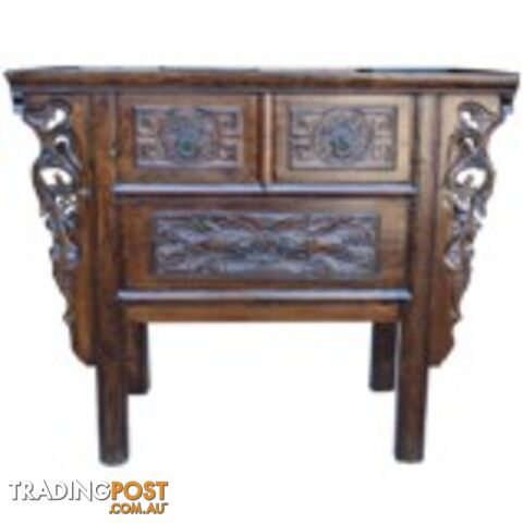 Natural Elm Carved Three-Drawer Chinese Altar Table