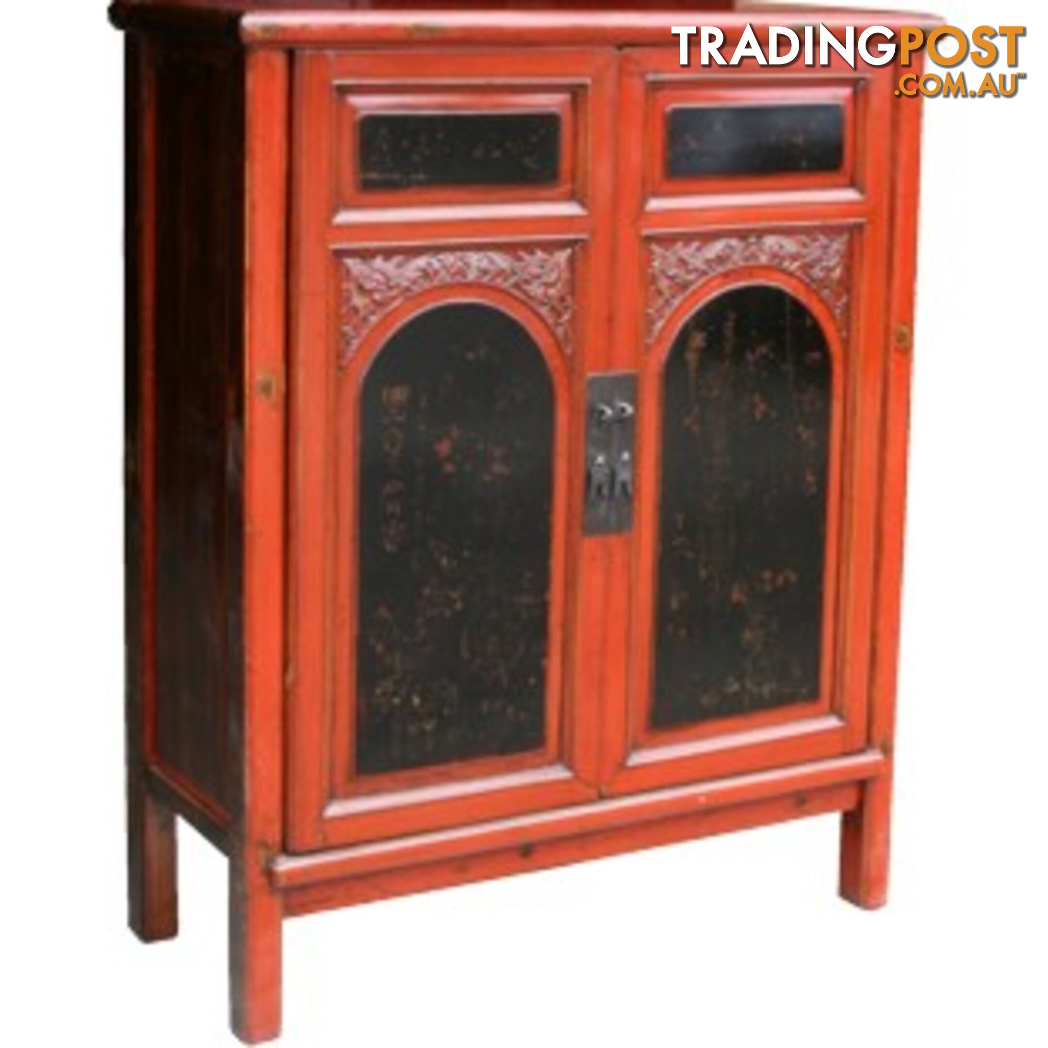 Red and Black Chinese Cabinet with Carvings and Paintings