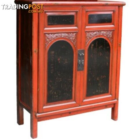 Red and Black Chinese Cabinet with Carvings and Paintings