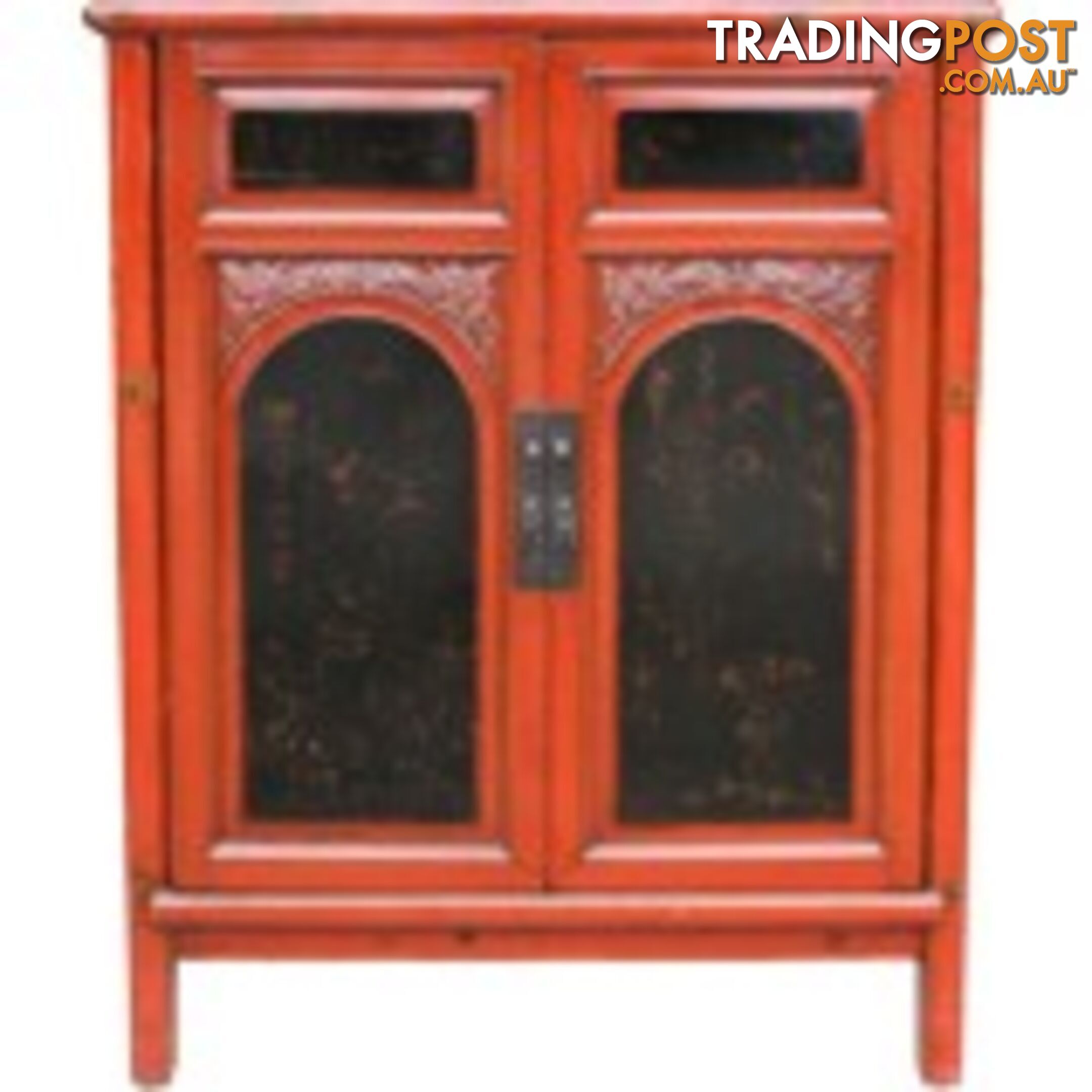 Red and Black Chinese Cabinet with Carvings and Paintings