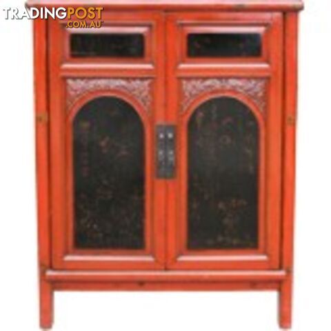 Red and Black Chinese Cabinet with Carvings and Paintings