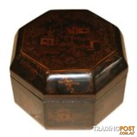 Black Chinese Antique Octagon Wood Box with Gilt Painting
