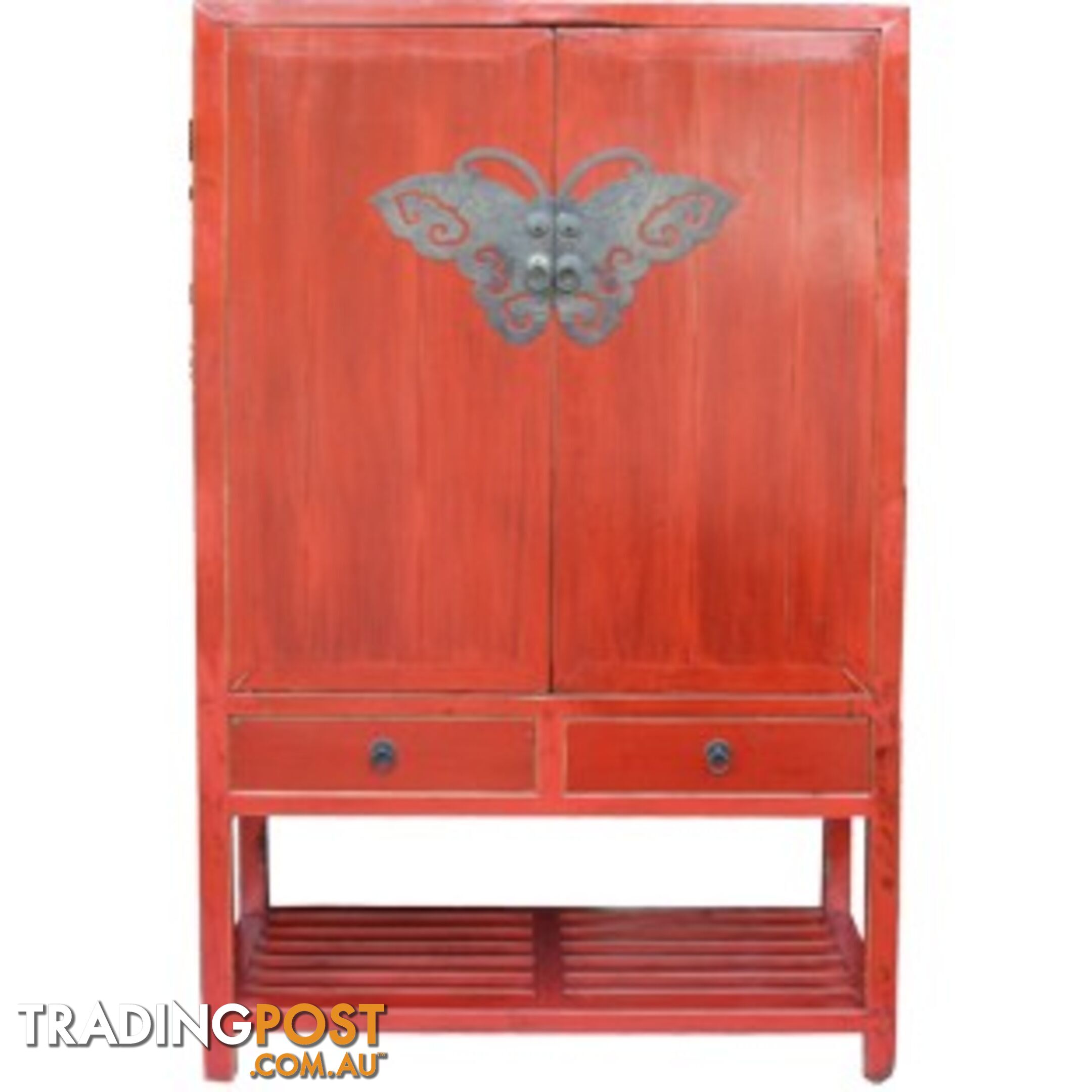 Chinese Red Antique Wedding Cabinet with Butterfly Hardware