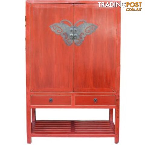 Chinese Red Antique Wedding Cabinet with Butterfly Hardware