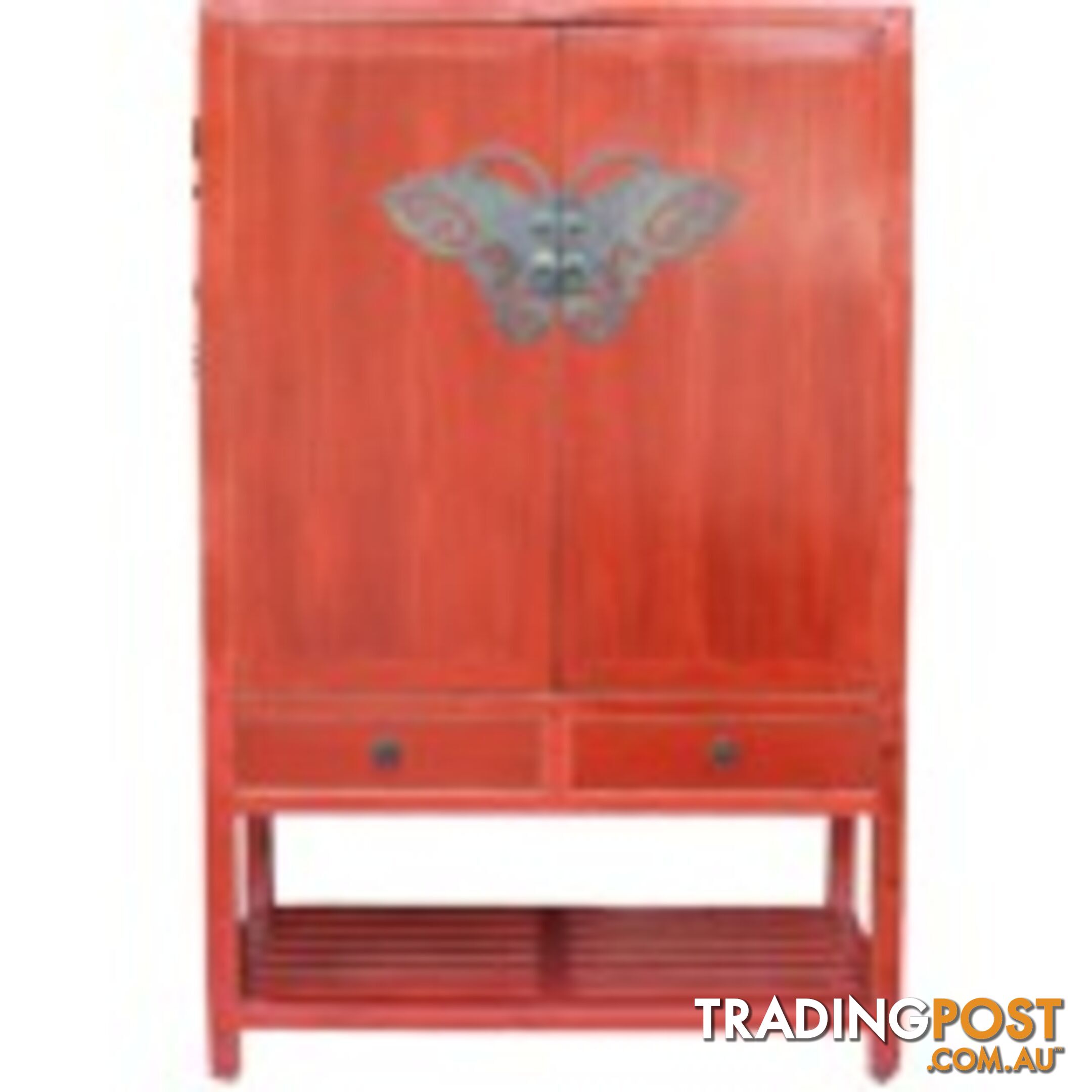 Chinese Red Antique Wedding Cabinet with Butterfly Hardware
