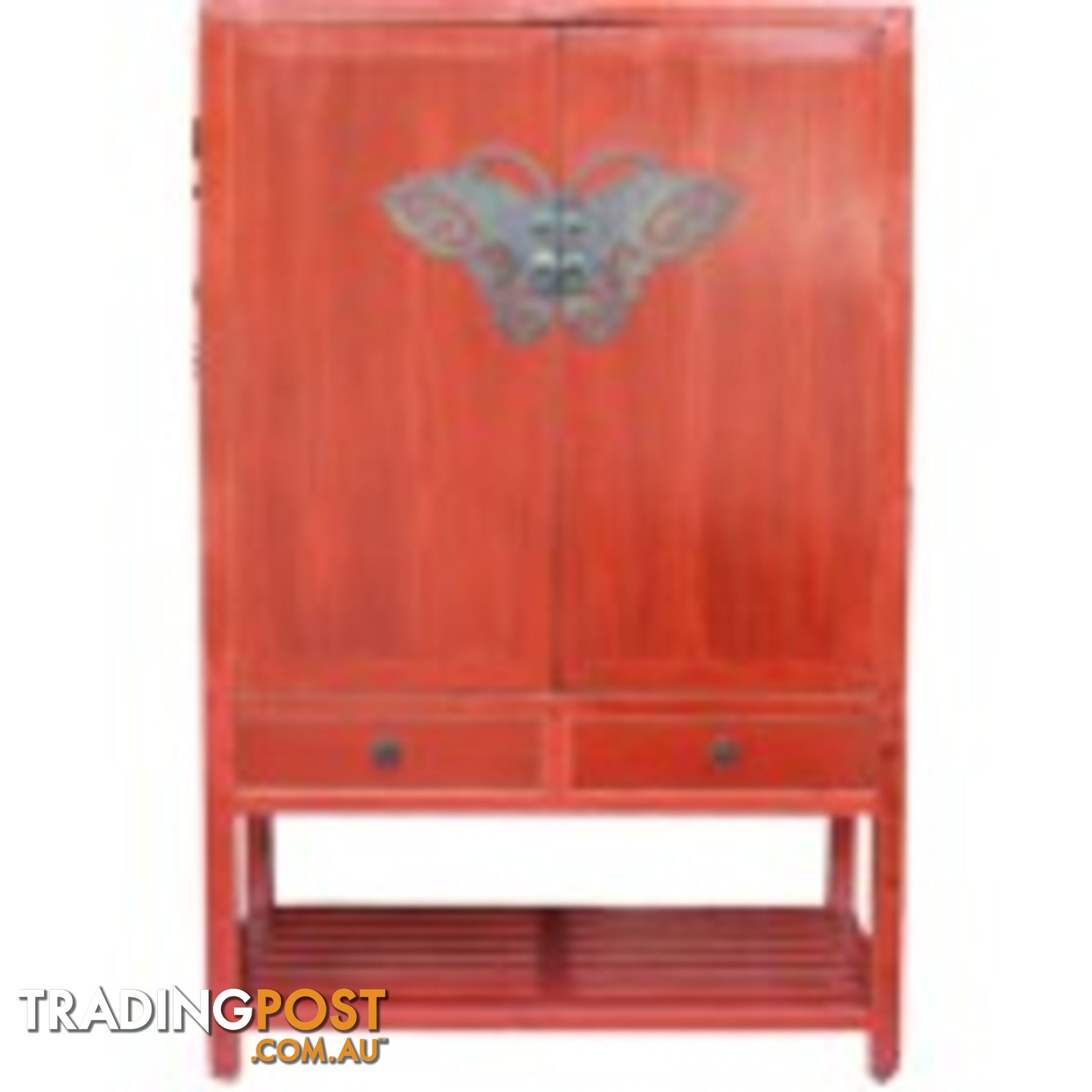 Chinese Red Antique Wedding Cabinet with Butterfly Hardware