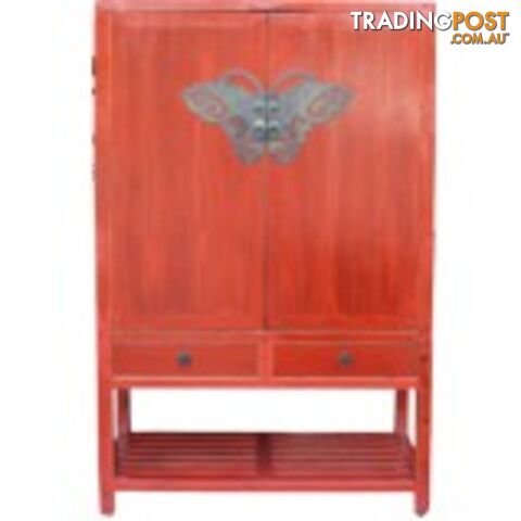 Chinese Red Antique Wedding Cabinet with Butterfly Hardware