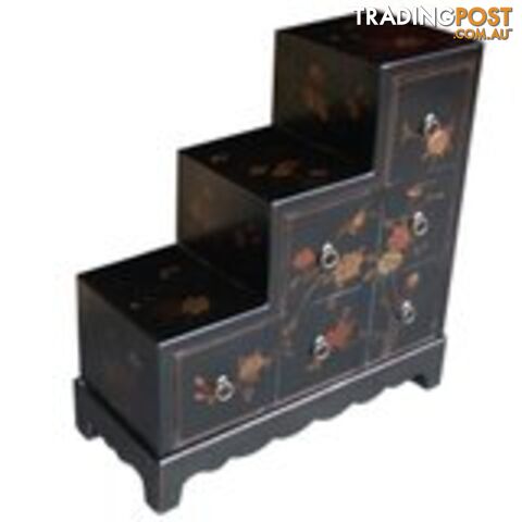 Black Japanese Step Chest 3 Layers with Flower Painting