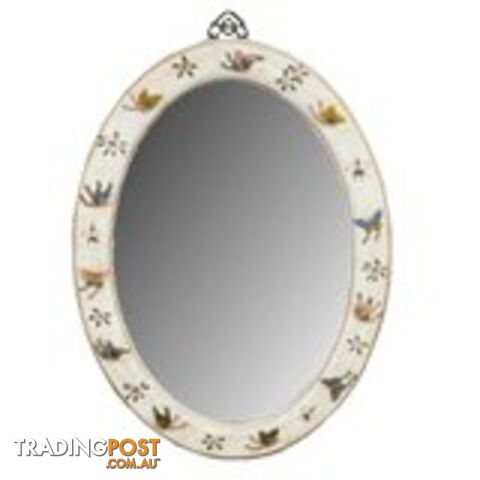 White Oval Leather Mirror - Embossed Butterfly