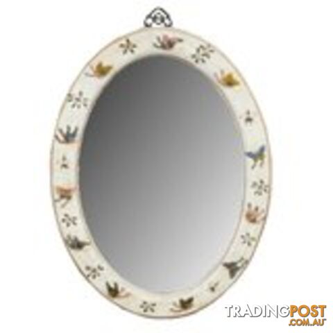 White Oval Leather Mirror - Embossed Butterfly