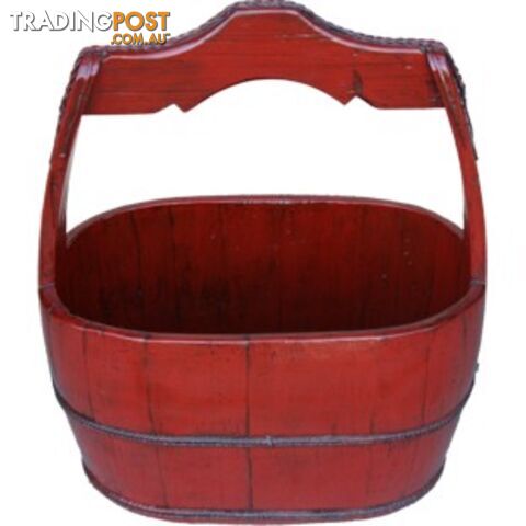 Large Red Chinese Pail with Wide Handle